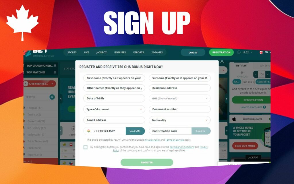 Sign up process on 22Bet gaming platform